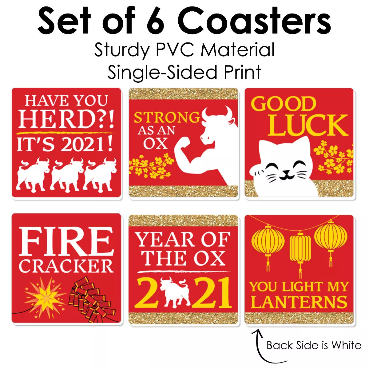 Big Dot of Happiness Chinese New Year - Funny 2021 Year of the Ox Decorations - Drink Coasters - Set of 6
