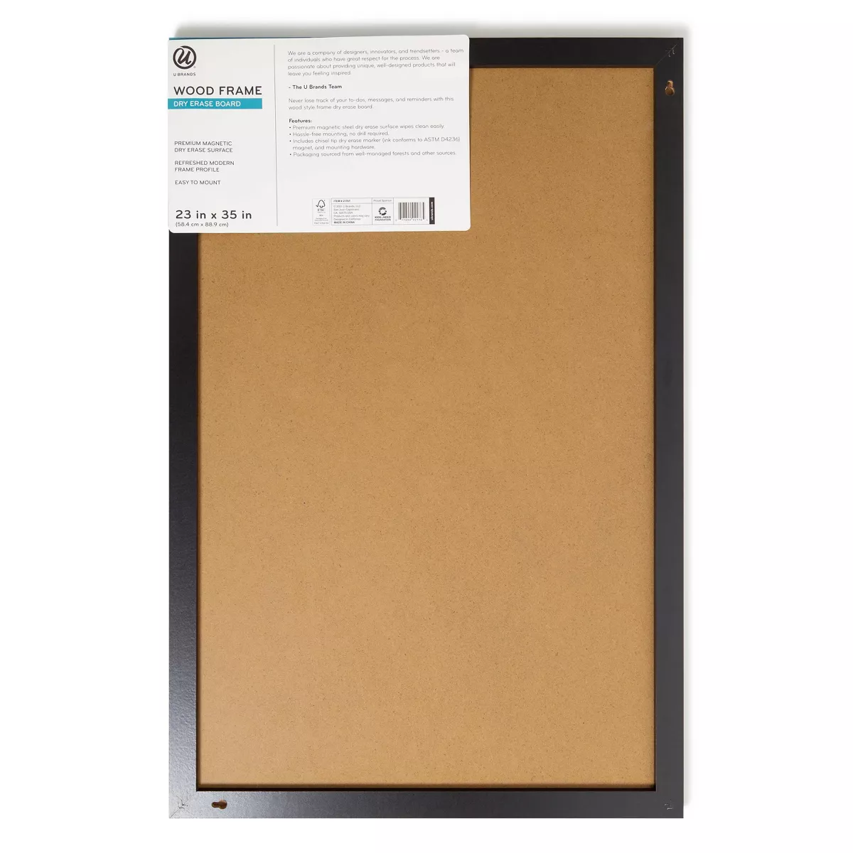 U Brands 23"x35" Magnetic Dry Erase Board Black Wood Frame with Marker