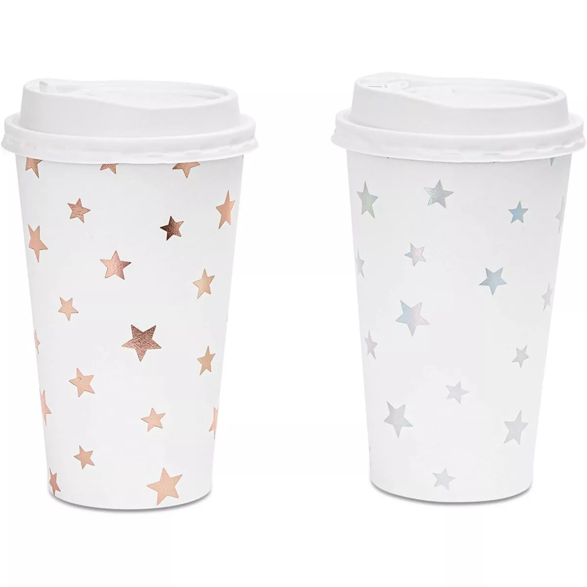 48-Pack Cute Foil Stars Insulated Disposable Coffee Cups with Lids, 16oz Paper Hot Cup to Go for Twinkle Little Star Baby Shower, Birthday, Events