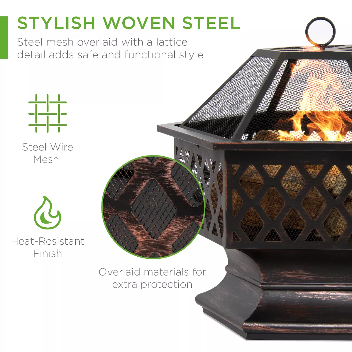 Best Choice Products 24in Hex-Shaped Steel Fire Pit for Garden, Backyard, Poolside w/ Flame-Retardant Mesh Lid