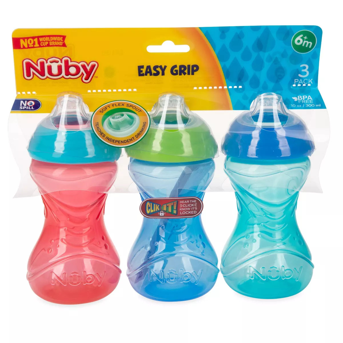 Nuby Cup 3pk Click-It Soft Spout Cup - Aqua/Blue/Red - 10oz