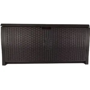 Suncast DBW9200 99 Gallon Outdoor Wicker Resin Patio Storage Chest Bin with Handles for Patio, Garden, Garage, or Pool for All Weather, Mocha