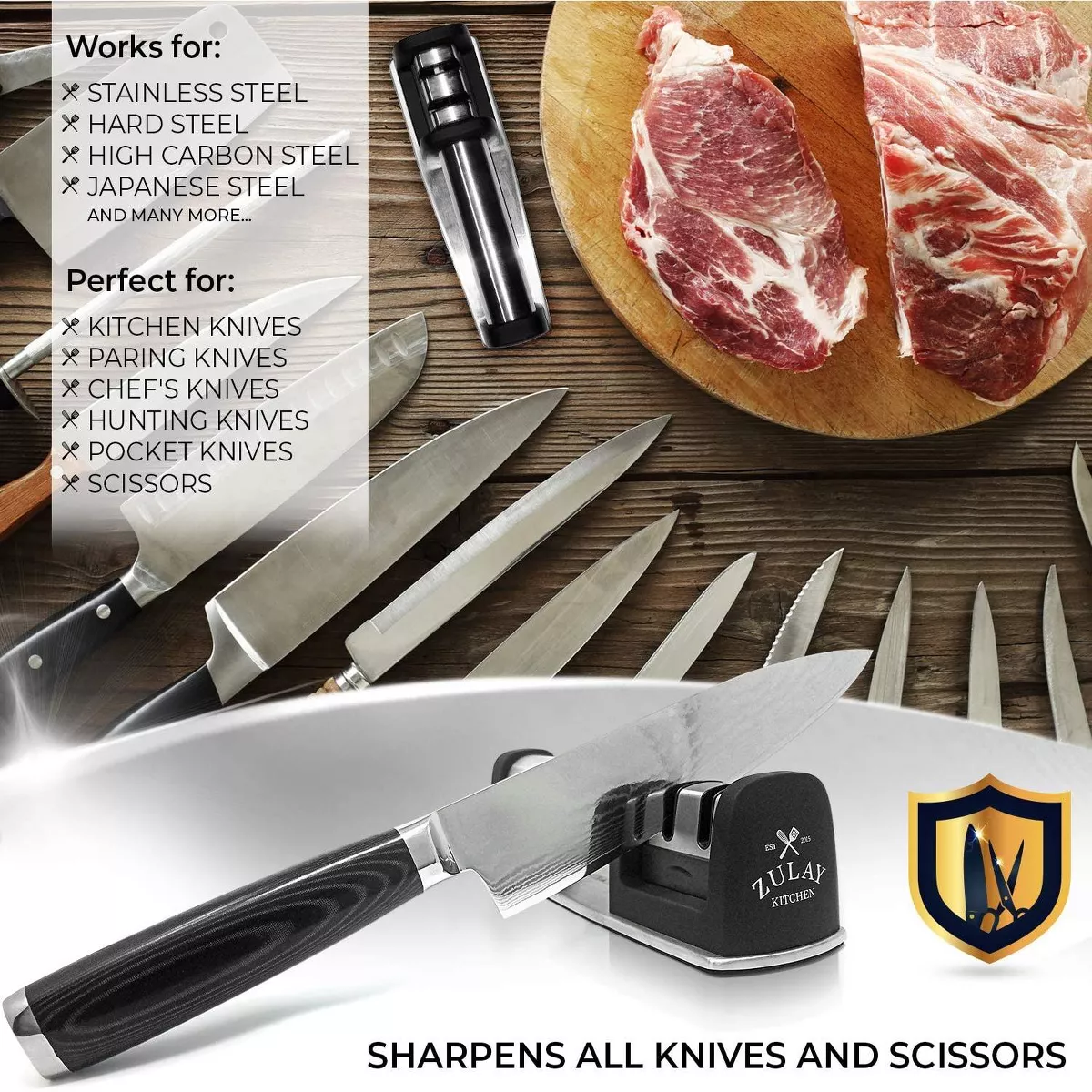 Zulay Kitchen Knife Sharpener with Glove - 2 Stage