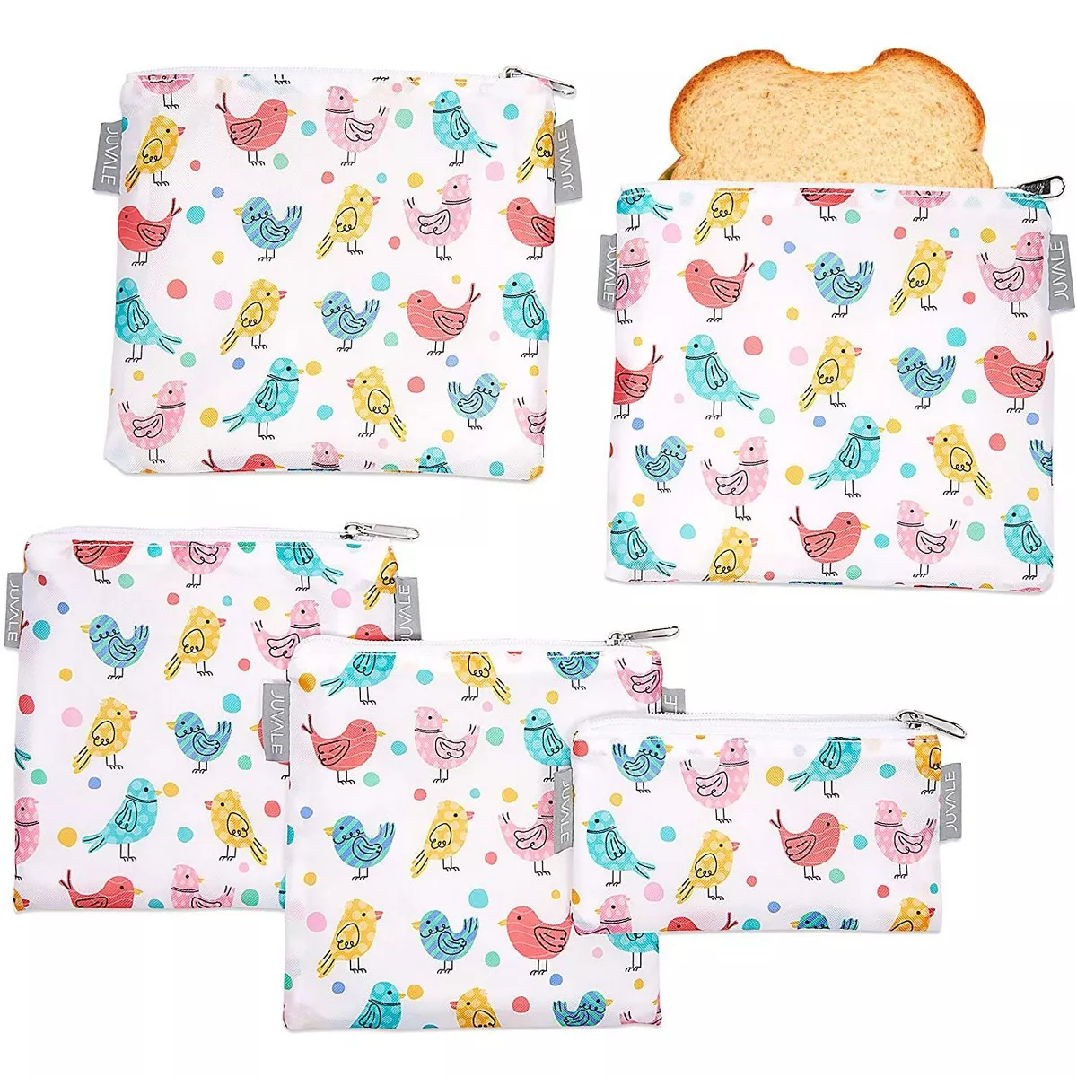 Juvale 5 Pack Resealable Plastic Bags, Colorful Bird Reusable Snack Bags with Zipper (3 Sizes)
