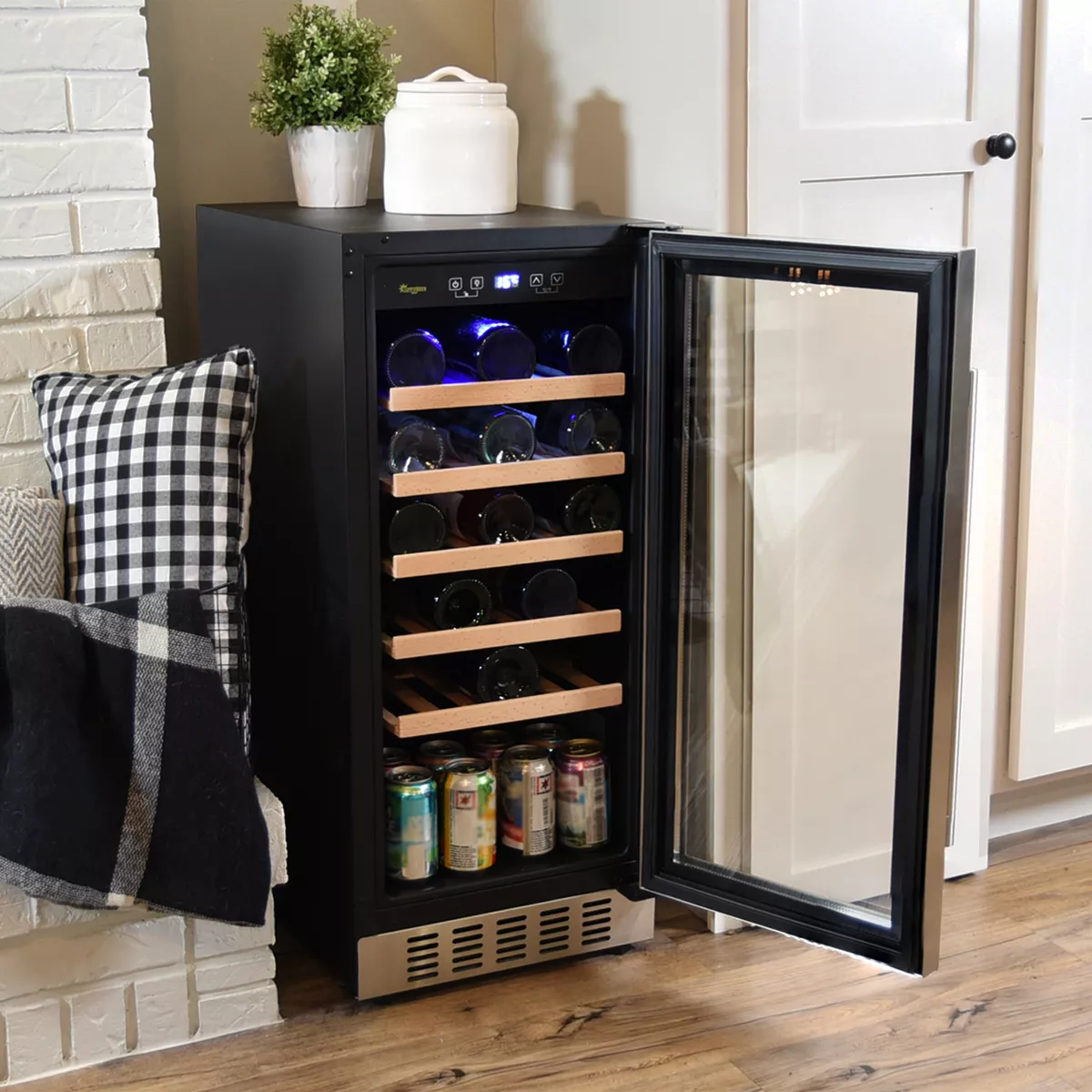 Sunnydaze Indoor Stainless Steel Beverage and Wine Single Zone Refrigerator with Sliding Shelves and Touchpad Temperature Control - 33 Bottle Capacity