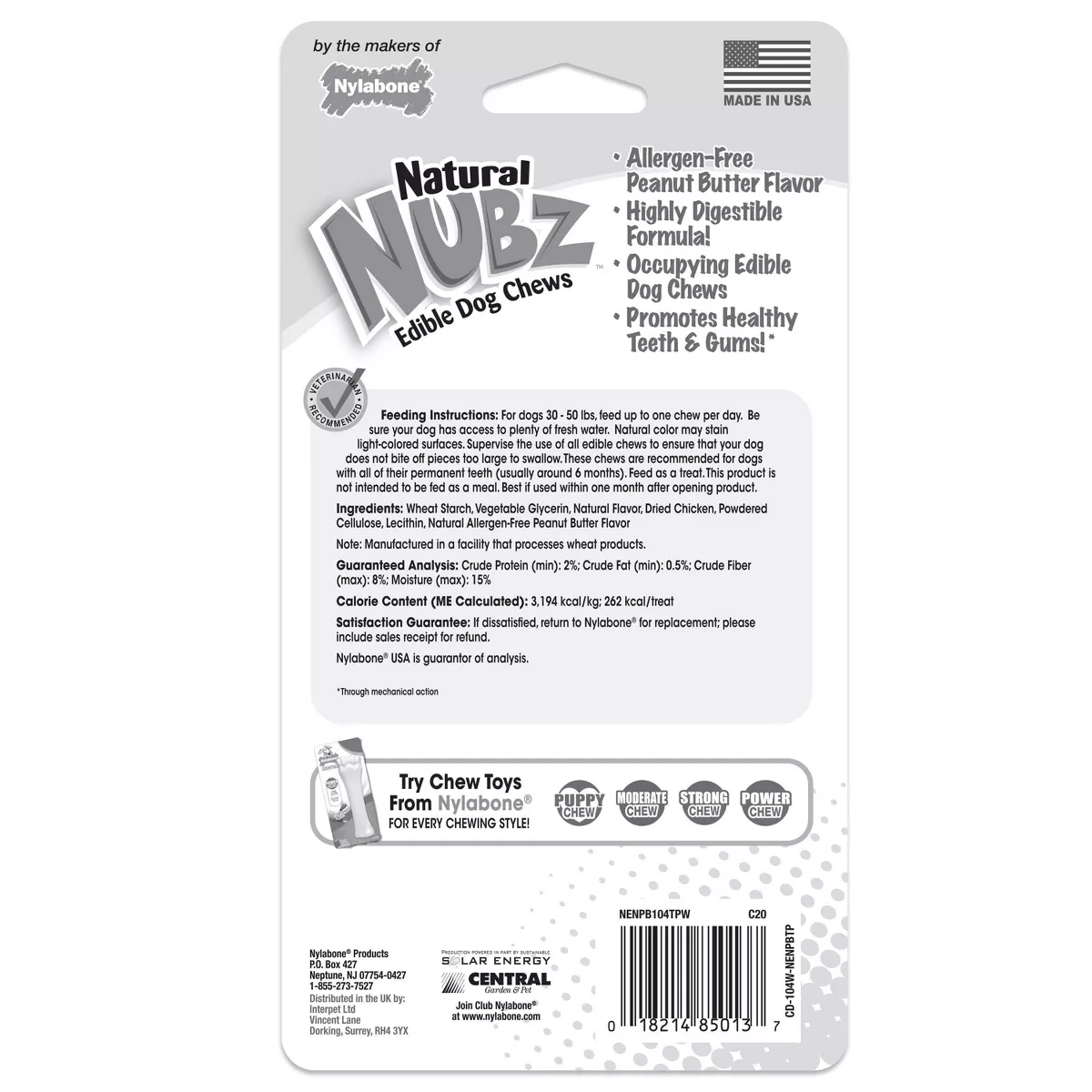 Nylabone Nubz Peanut Butter Grande Chews Dog Treats - 2ct