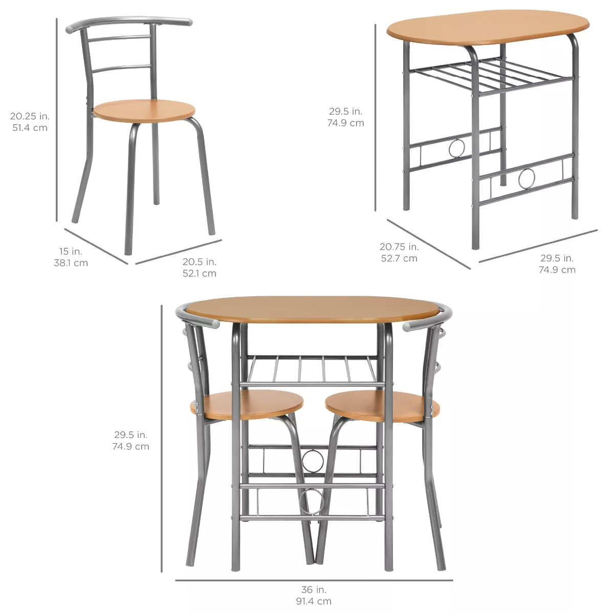 Best Choice Products 3-Piece Wood Dining Room Round Table & Chairs Set w/ Steel Frame, Built-In Wine Rack - Natural