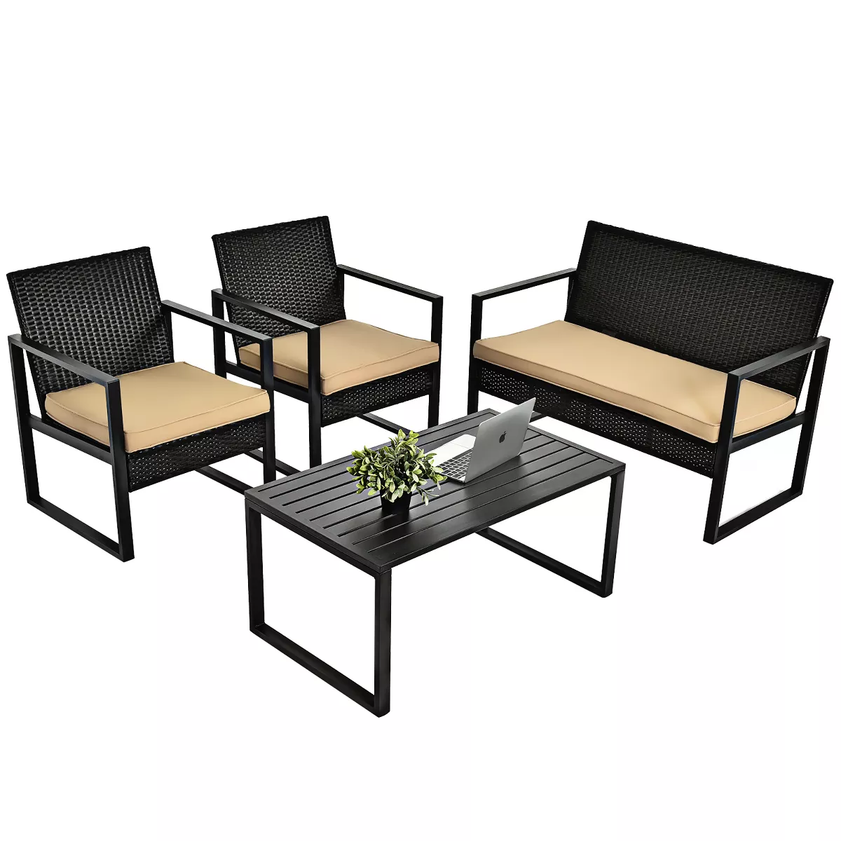 Costway 4PCS Patio Rattan Furniture Set Cushioned Sofa Coffee Table Garden Deck Brown