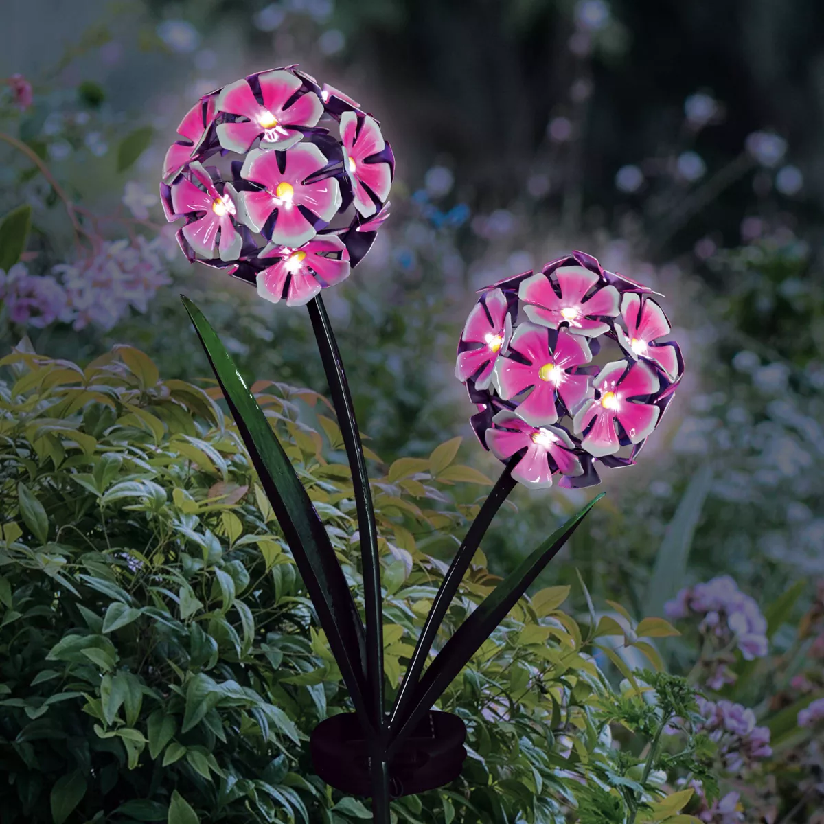 29.13" Metal Double Hydrangea Solar Stake Pink - Exhart