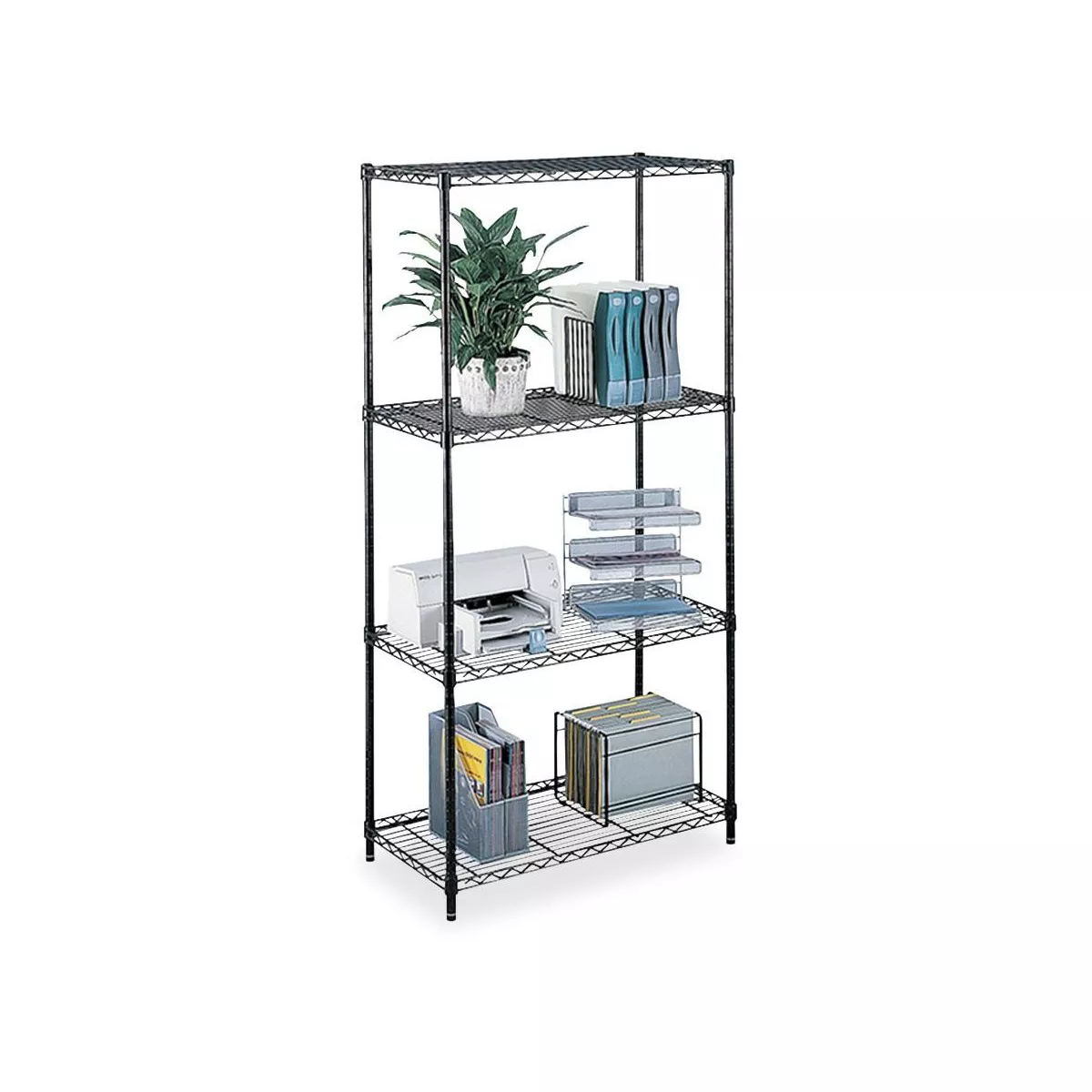 Safco Wire Shelving w/ 4 Shelves/4 Posts 500Lb Cap 48"x18"x72" BK 5241BL
