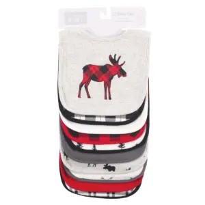 Hudson Baby Infant Boy Cotton Bibs, Buffalo Plaid Moose, One Size