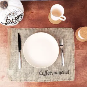 Brown Woven Burlap Table Placemat “Coffee, Anyone?” Dining Table Mat for Kitchen Party Decor (17.7 x 13.8 in)