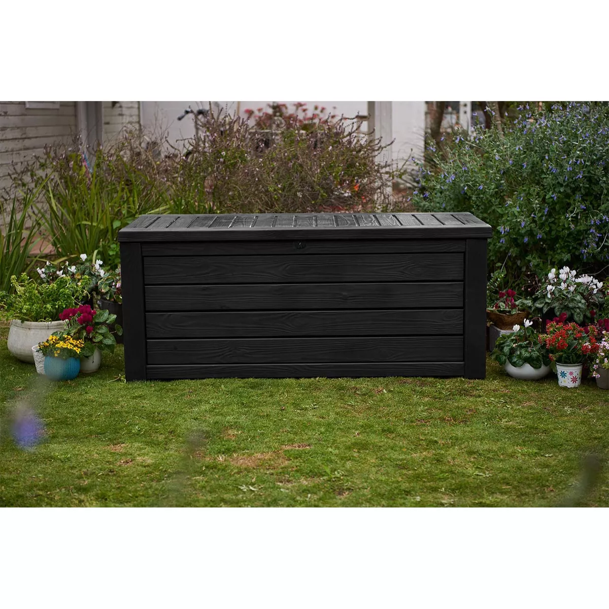 Keter Westwood Outdoor Resin Deck Storage Box Bin Organizer for Patio Furniture, Pool Toys, and Yard Tools with Natural Design, 150 Gallon, Dark Grey