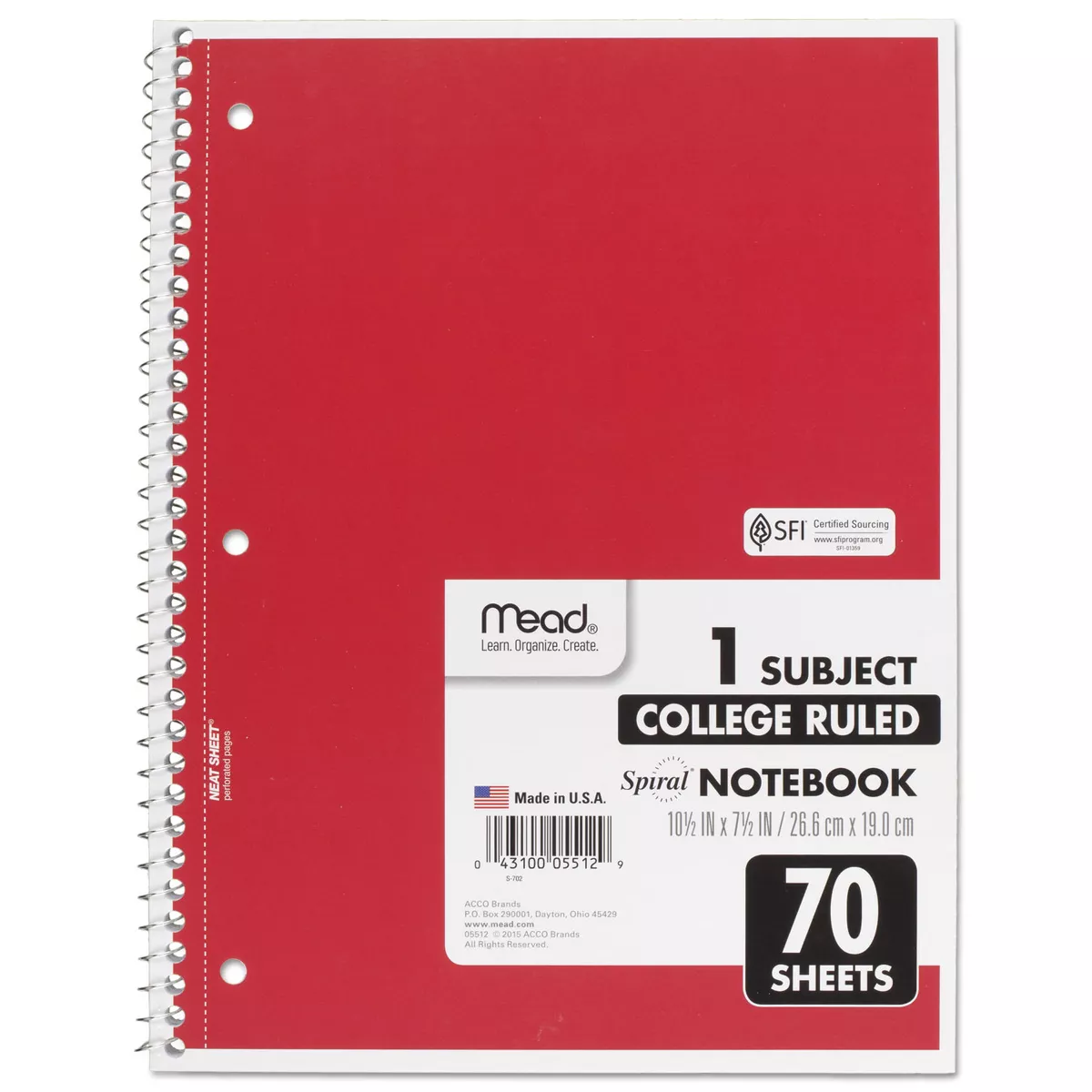 Mead Spiral Bound Notebook Perforated College Rule 10 1/2 x 8 White 70 Sheets 05512