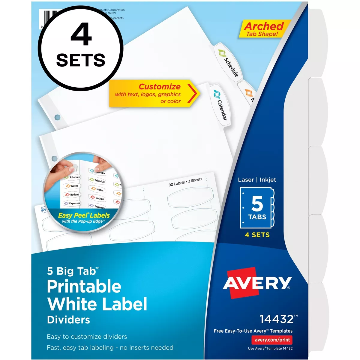 Avery Easy Peel White Label Tab Dividers 5-Tab 6/PK White 14432