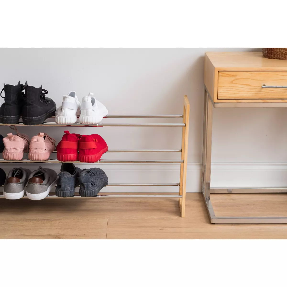 IRIS 3 Tier Extendable Pine Wood and Metal Shoe Rack Brown