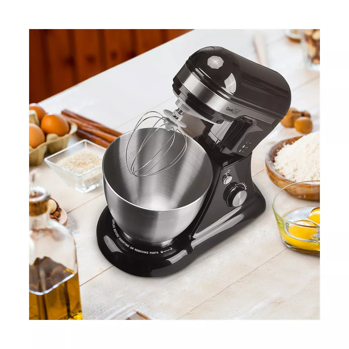 Geek Chef GSM45B Stainless Steel 4.8 Quart Bowl 12 Speed Kitchen Countertop Baking Food Stand Mixer with Beater Paddle, Dough Hook, and Whisk, Black