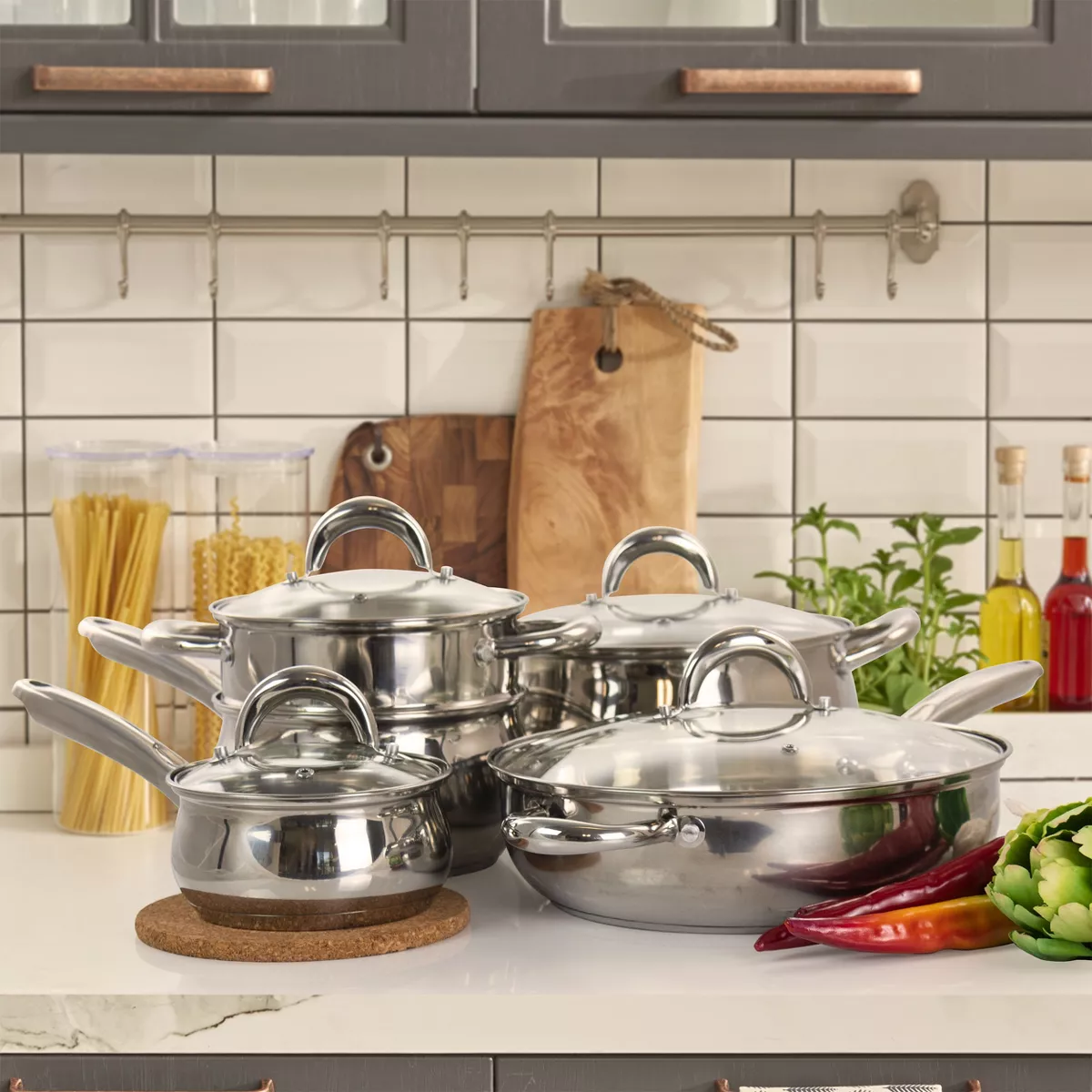 Gibson Home Ancona 12 Piece Stainless Steel Belly Shaped Cookware Set with Kitchen Tools