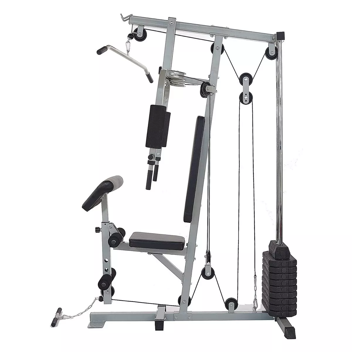 Sporzon! Home Gym Exercise Equipment Bench Workout Station with 330 Pound Resistance, 125 Pound Weight Stack, Detachable Bars, & 4 Roll Leg Developer