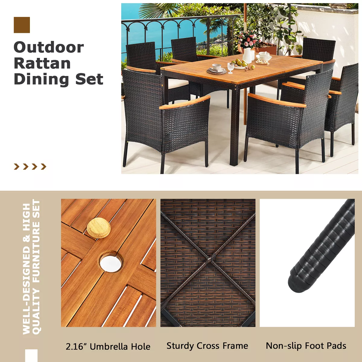 Costway 7PCS Patio Rattan Dining Set Armrest Cushioned Chair Wooden Tabletop