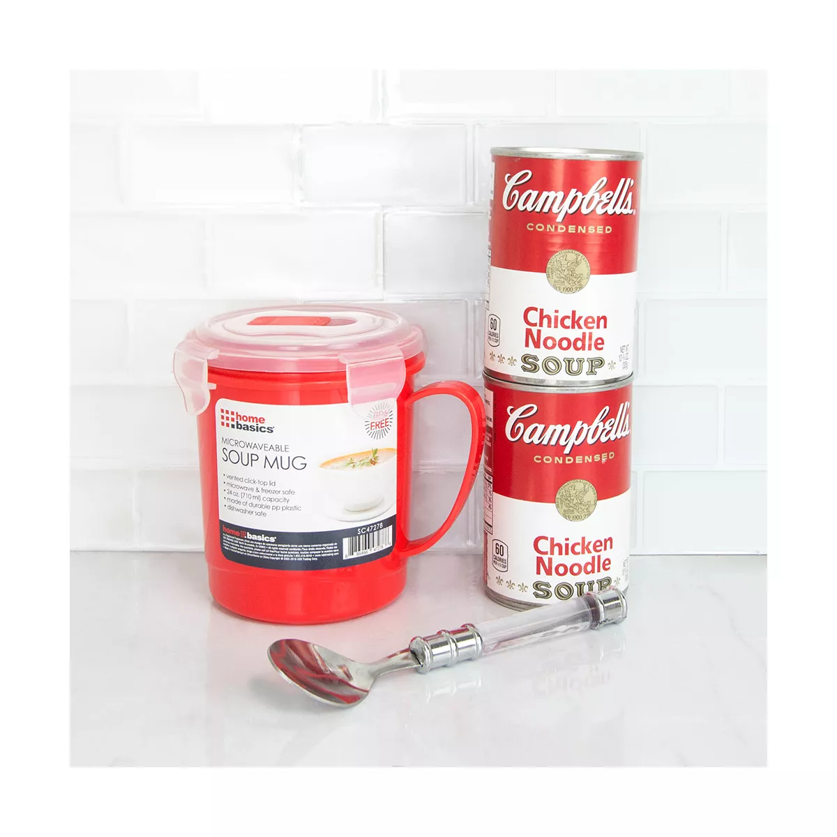 Home Basics 24 oz. Plastic Microwaveable Soup Mug, Red/Clear