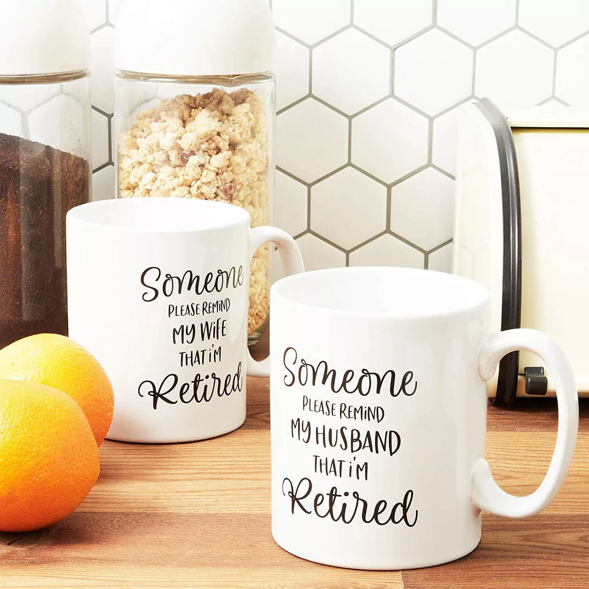 Sparkle and Bash 2-Pack White Funny Retirement White Coffee Mugs Tea Cup, Gag Gift for Husband & Wife
