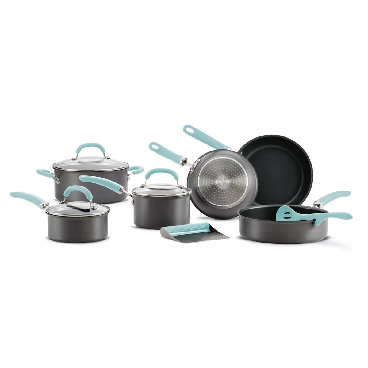 Rachael Ray Create Delicious 11pc Hard Anodized Nonstick Cookware Set Light Blue Handles