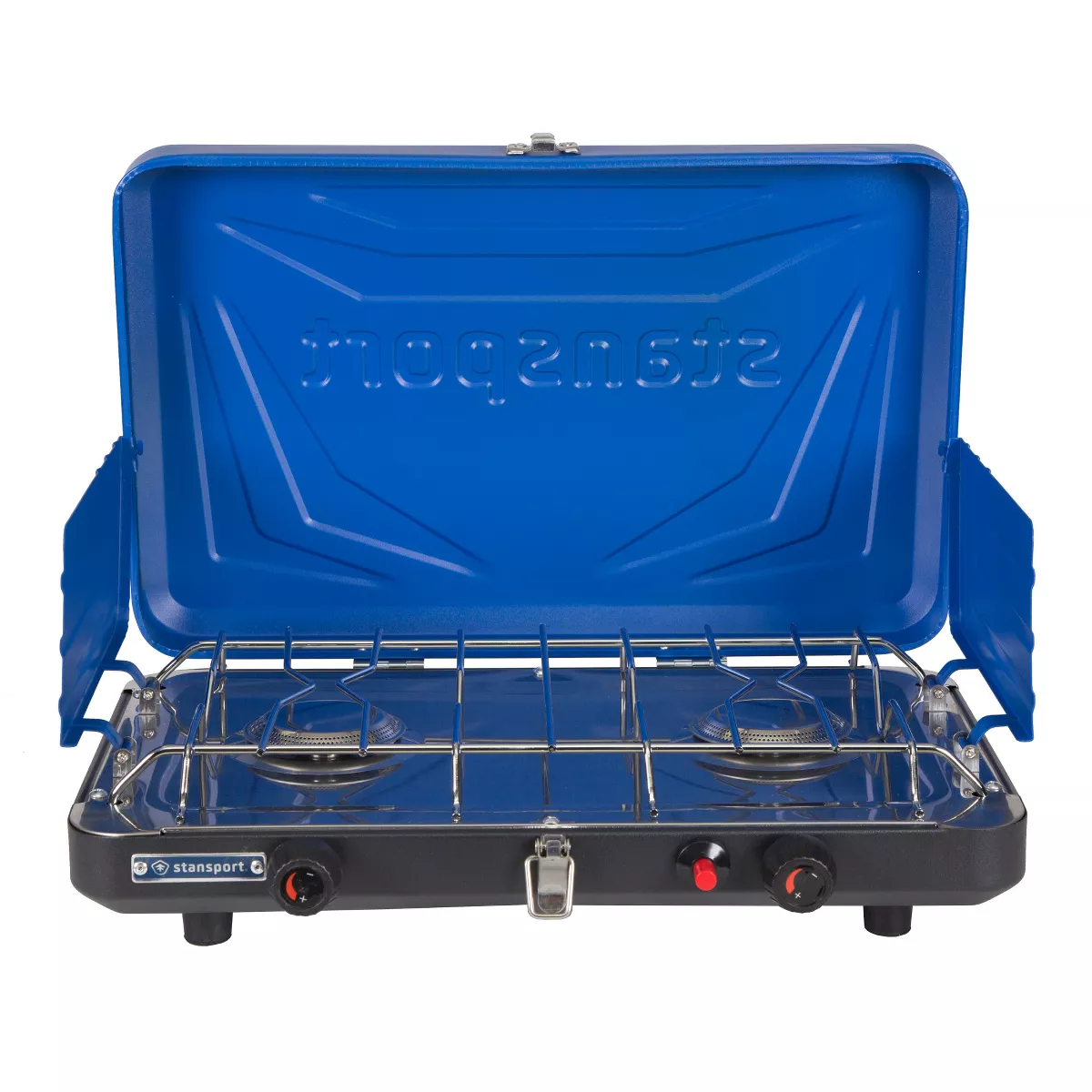 Stansport Double Burner Stove Piezo Ignition With Drip Pan Blue