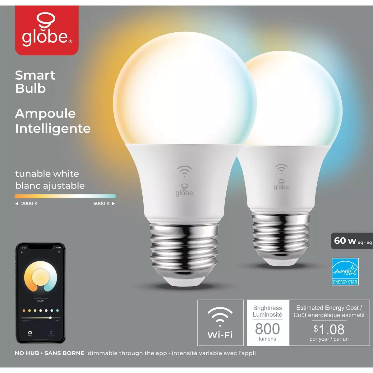 Smart 2pk 60W Equivalent LED Wi-Fi Enabled Voice Activated A19 E26 Light Bulb