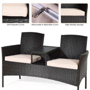 Costway Patio Rattan Conversation Set Loveseat Sofa Cushioned Coffee Table Mix Brown