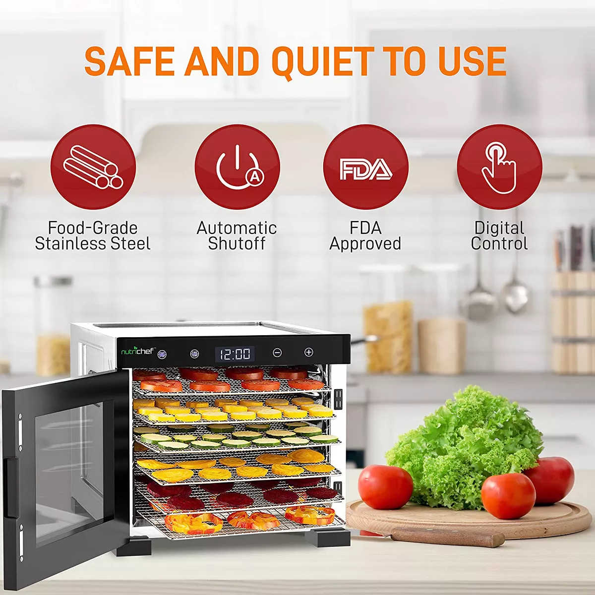 NutriChef Electric Countertop 600 Watts Multi Tier Food Dehydrator Machine with 6 Steel Trays, Digital Timer, & Temperature Control, Silver (2 Pack)