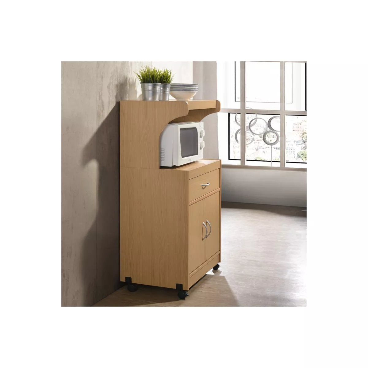 Microwave Kitchen Cart in Beech Brown - Hodedah