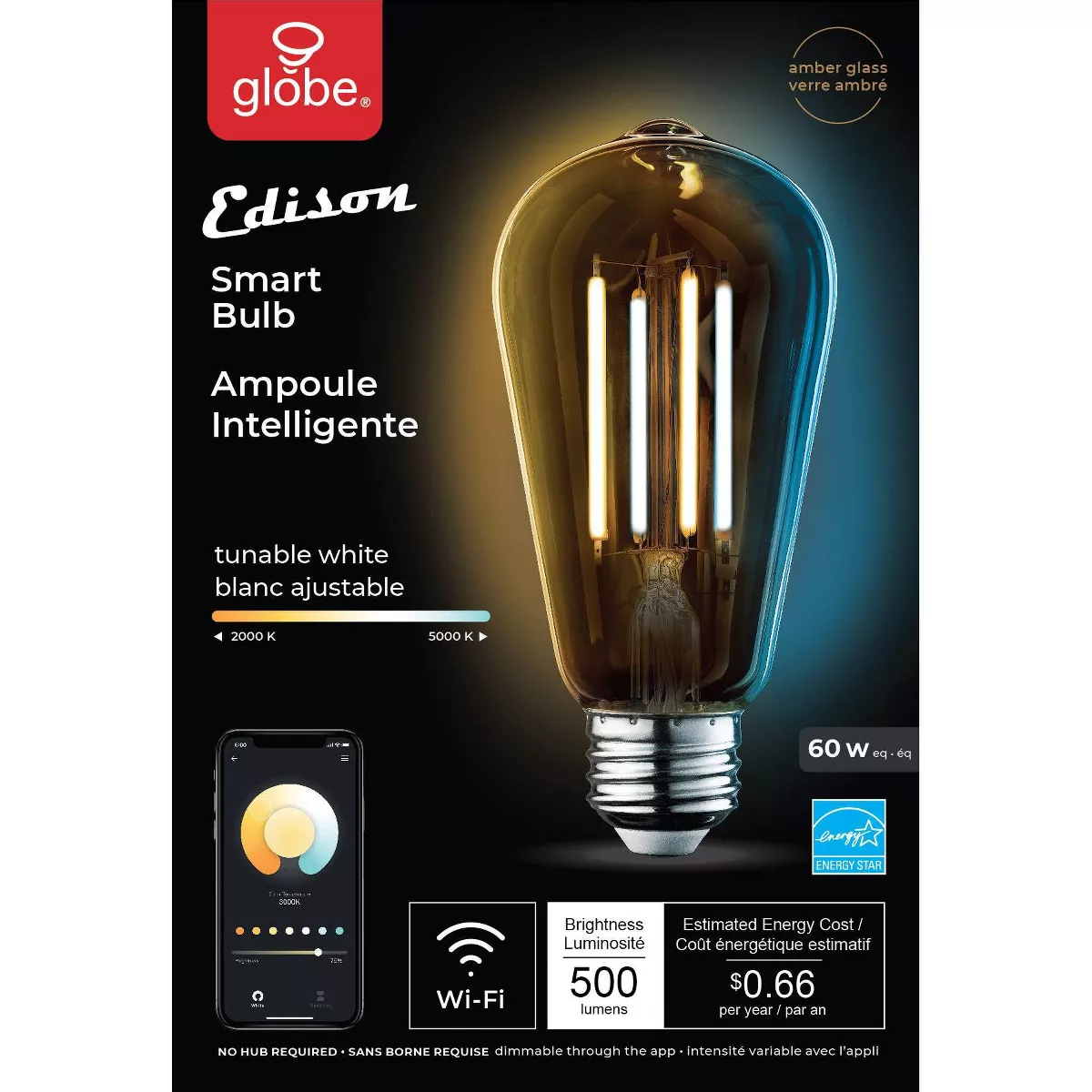 Smart 60W Equivalent Vintage Filament Tunable White LED Wi-Fi Enabled Voice Activated ST19 E26 Amber Glass Light Bulb