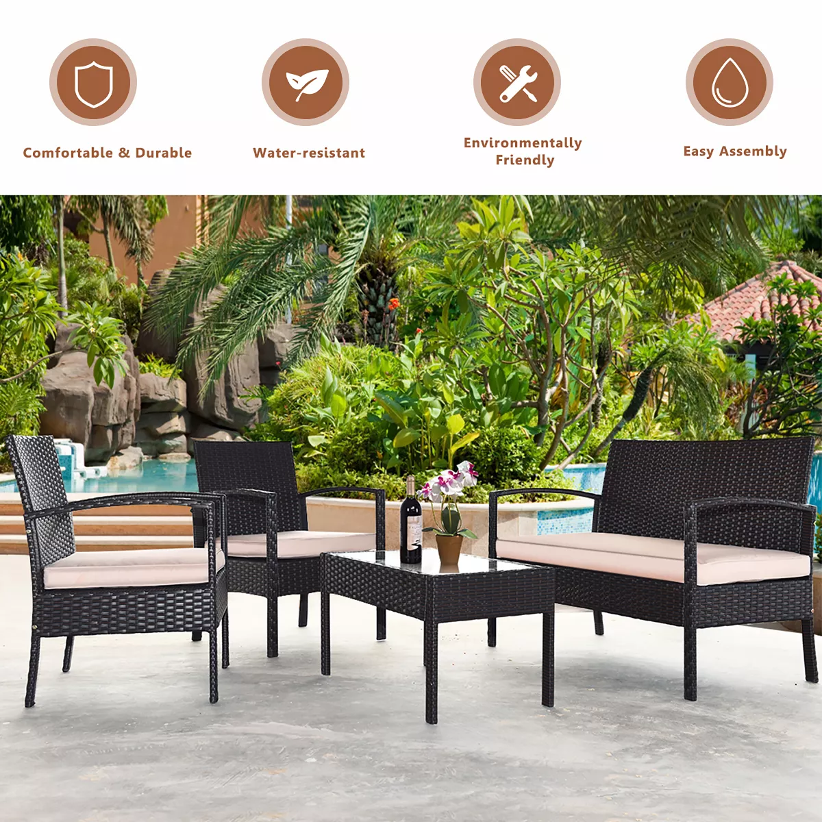 Costway 4PCS Patio Rattan Conversation Furniture Set Cushioned Seat Glass Table