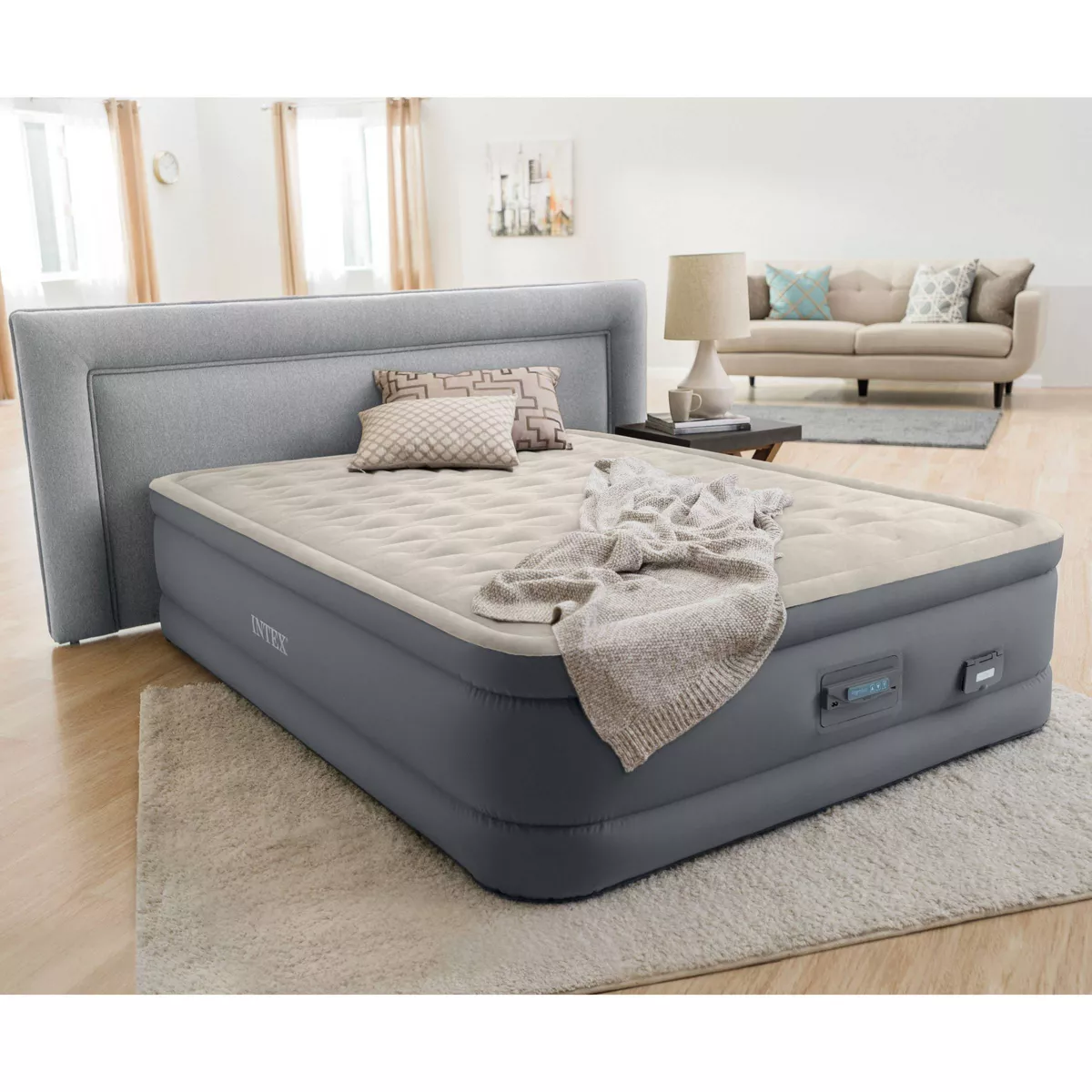 Intex Premaire II Elevated Queen Air Mattress with Fiber-Tech and Electric Pump - Gray