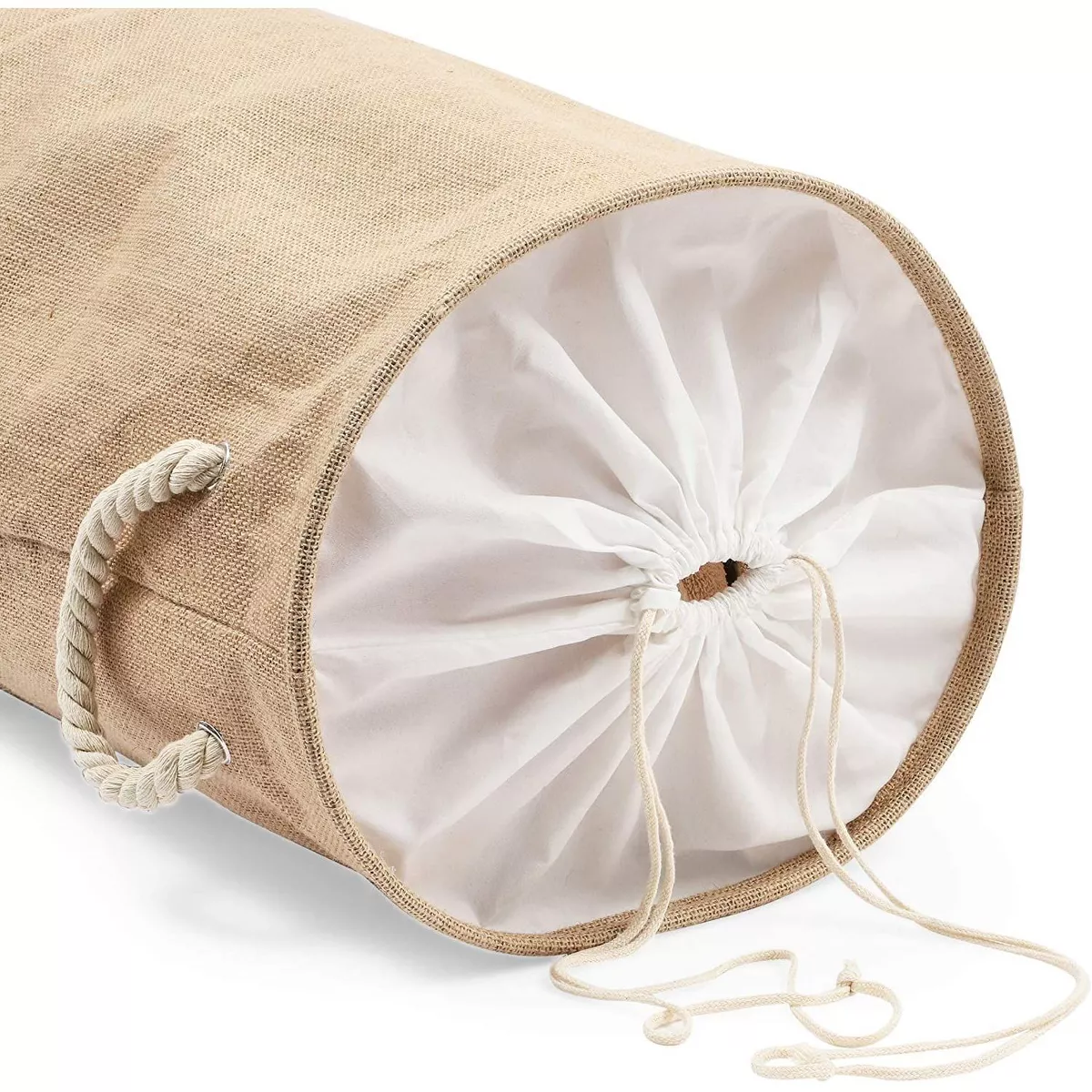 Juvale Large Collapsible Woven Jute Fabric Round Laundry Hamper, Tall Drawstring Blanket Storage Basket with Lid & Handle, Brown 13.4