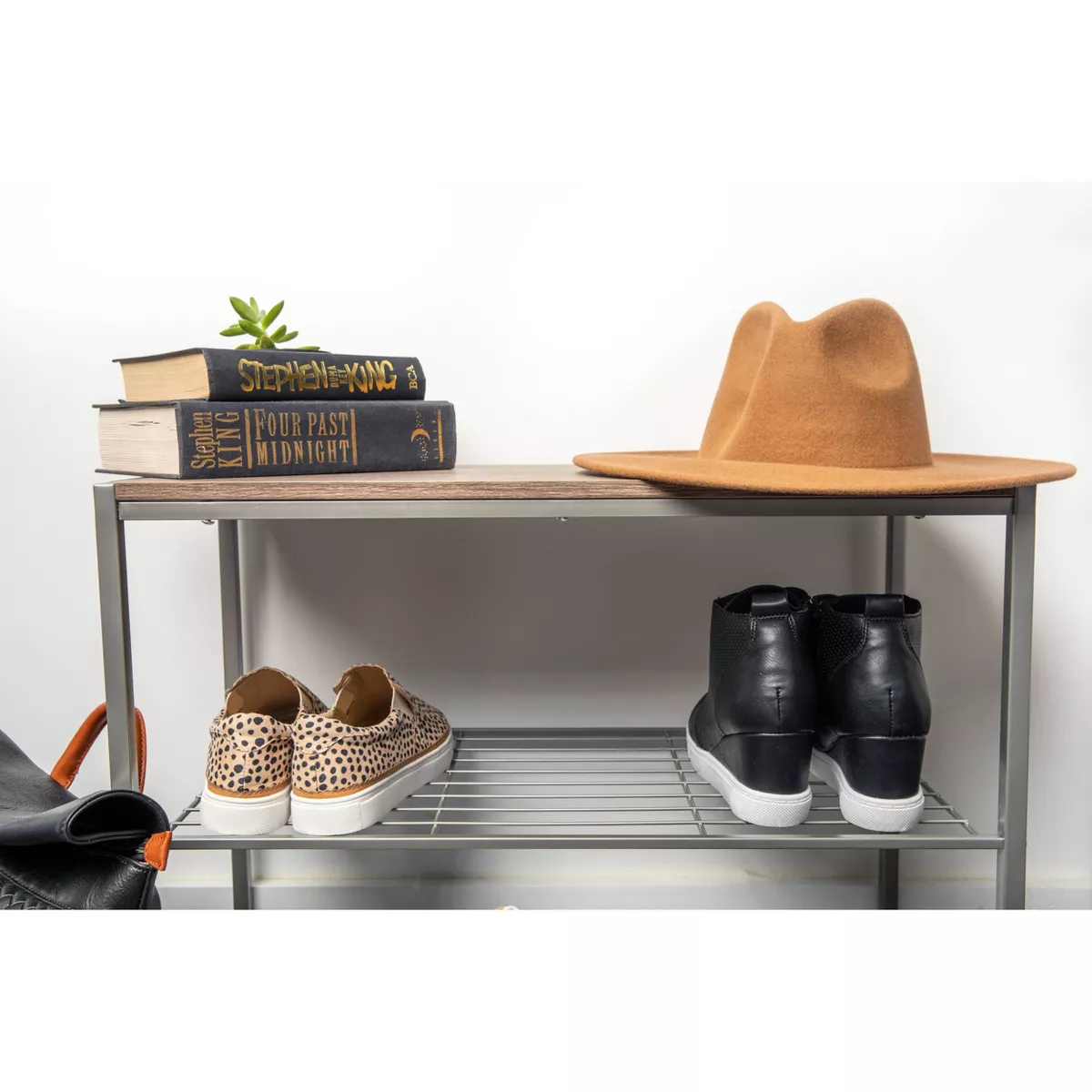 3 Tier Shoe Rack with Rustic Oak Finish Top Gray Metal - Threshold™
