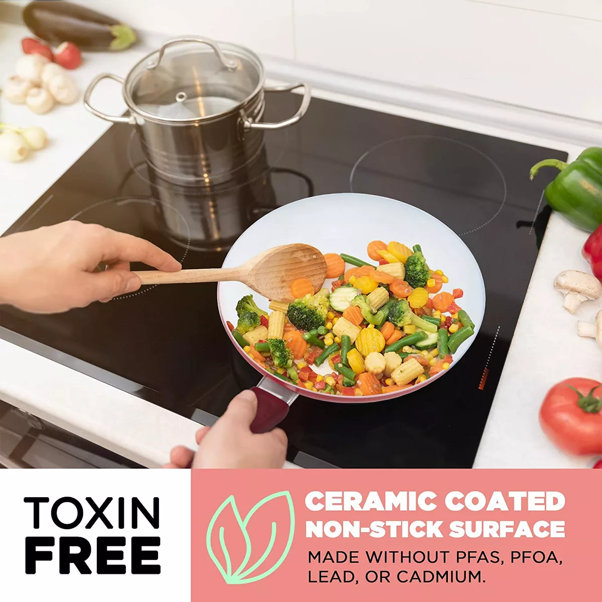 Ivation Ceramic Cookware | 16-Piece Nonstick Cookware Set with Induction Base, SoftGrip Handles & Clear Glass Lids | Compatible with Induction, Ceramic, Gas, Electric & Halogen Cooktops | Red