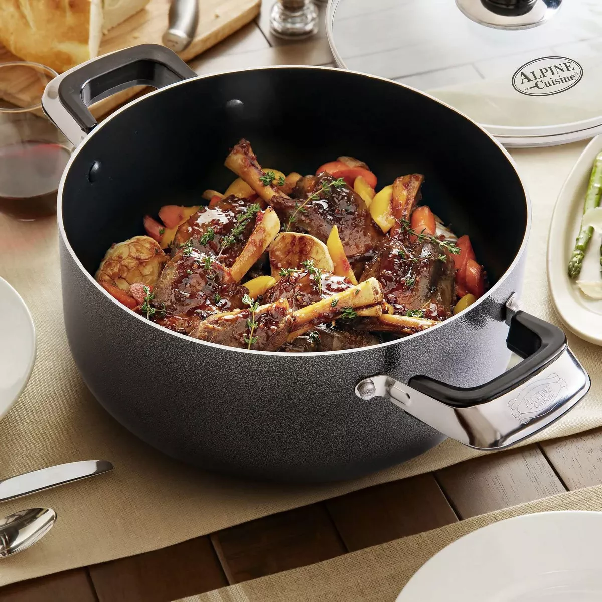 Alpine Cuisine Aluminum Non-Stick Dutch Oven Pot with Glass Lid and Carrying Handles, 13 Quart, Gray
