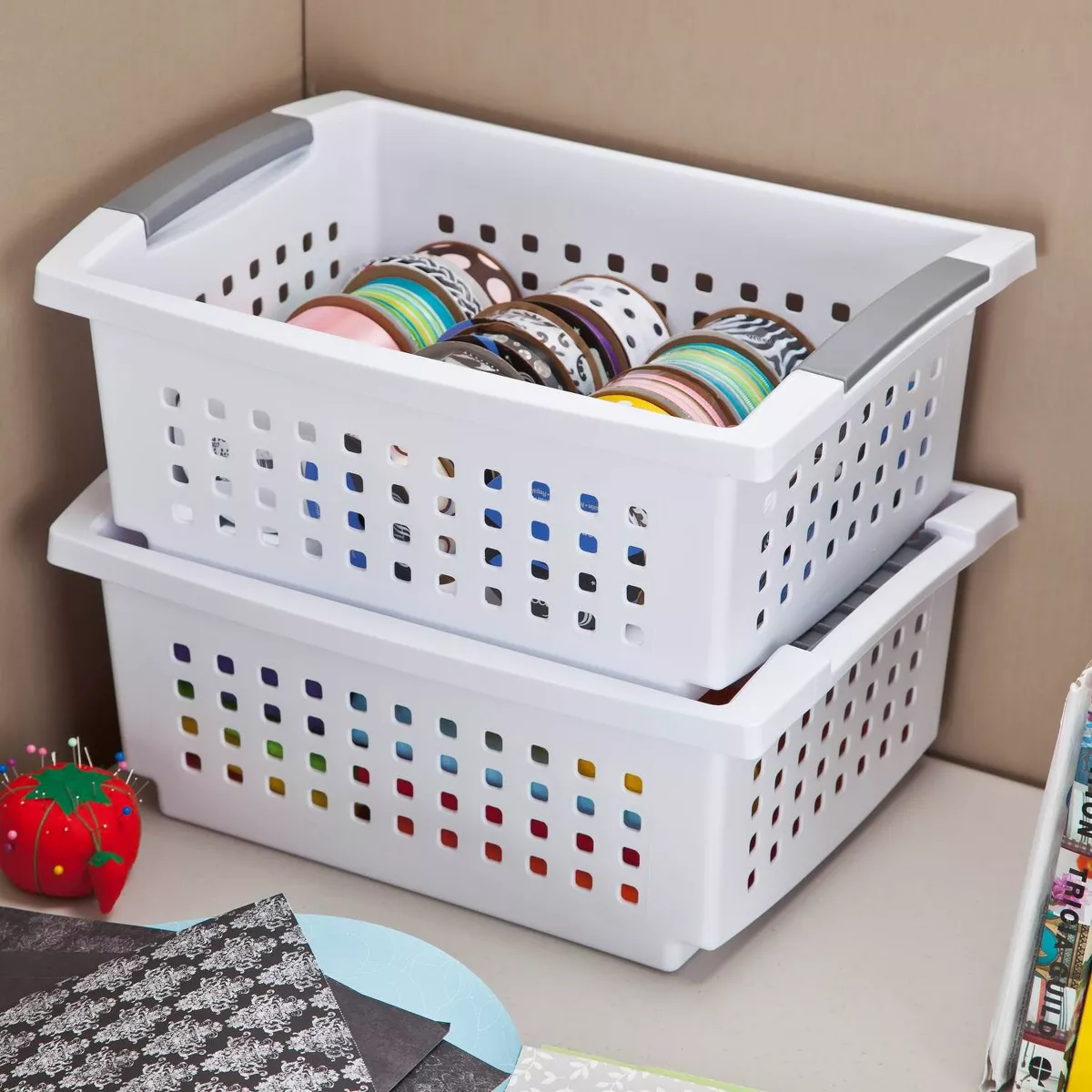 Sterilite Small White Stacking Basket with Titanium Accents (24 Pack) 16608006