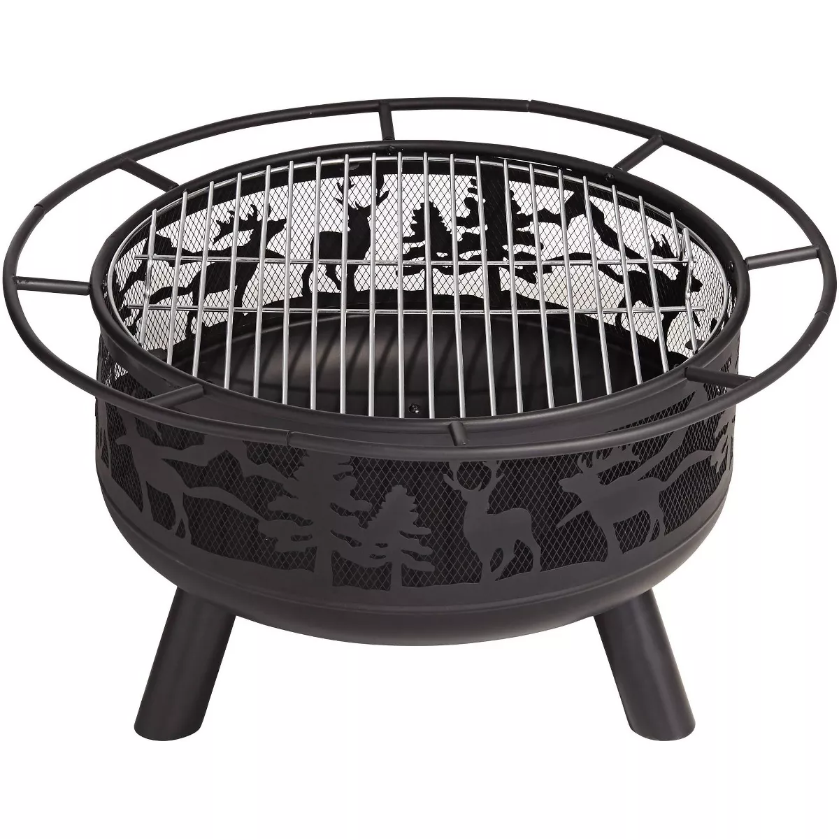 John Timberland Rustic Black Fire Pit Round 30" Animal Cut Steel Wood Burning with Spark Screen and Fire Poker for Outside Backyard Patio Camping