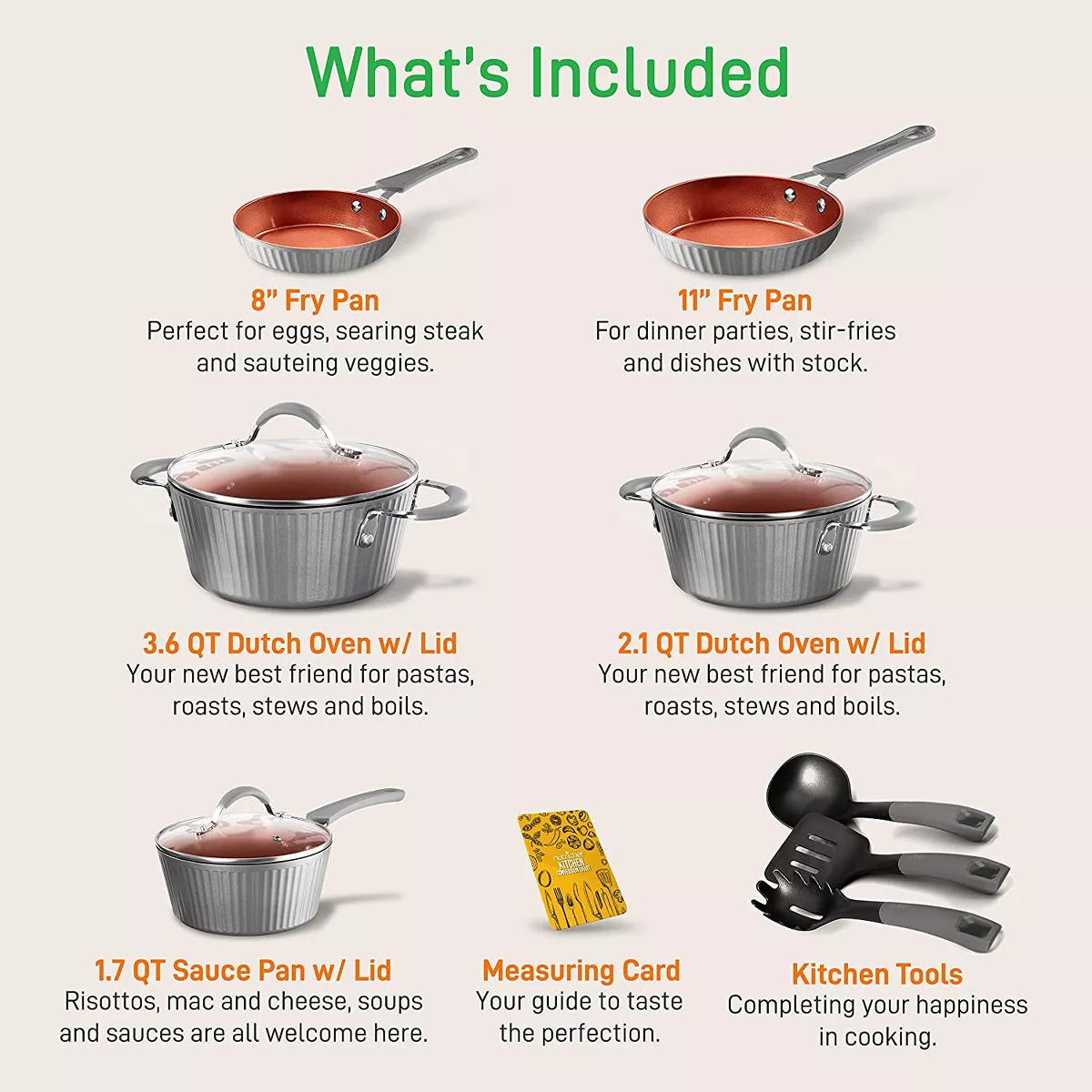 NutriChef 11 Piece Nonstick Ceramic Elegant Lines Stripe Pattern Cooking Kitchen Cookware Pots and Pan Set with Lids and Utensils, Gray