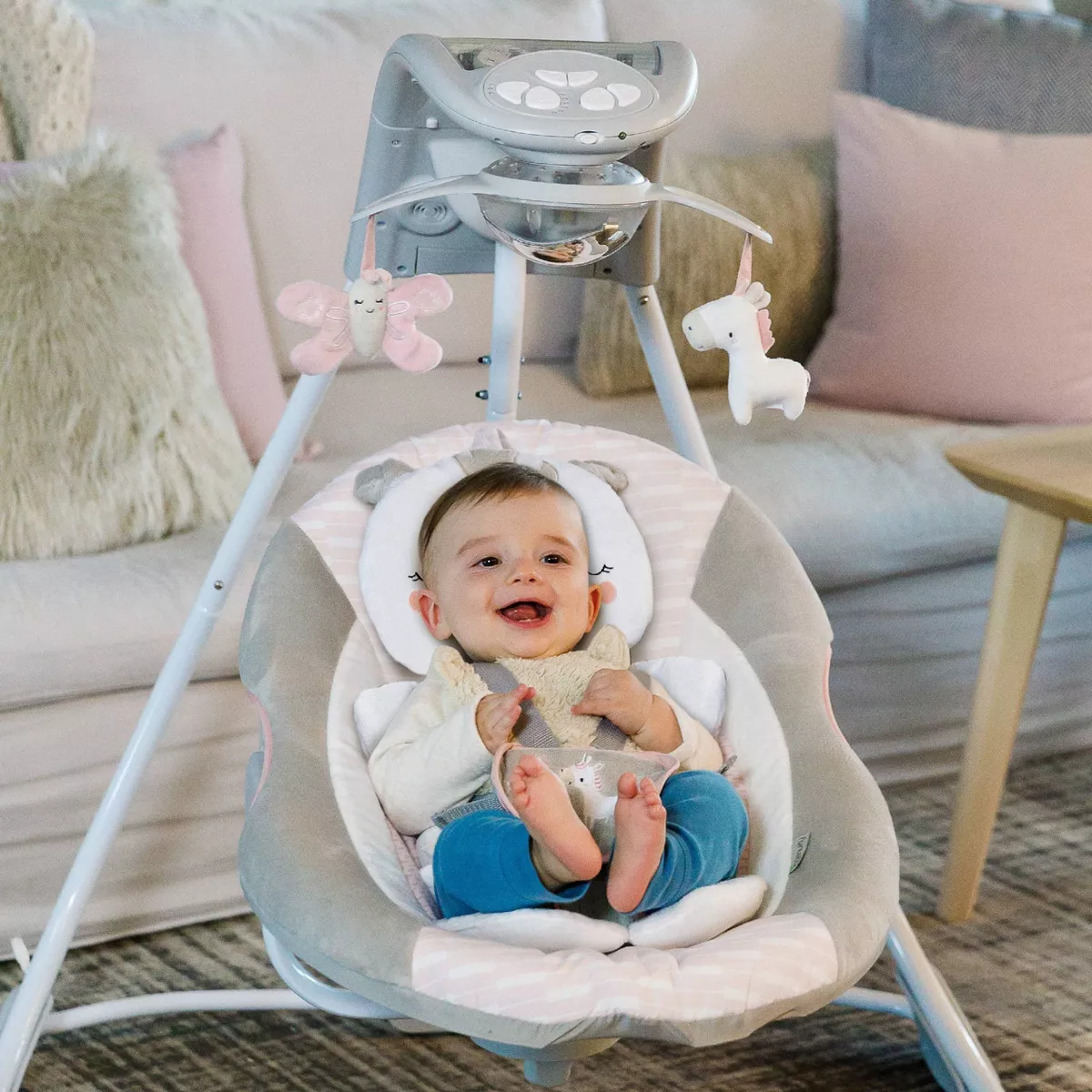 Ingenuity Inlighten Cradling Swing - Flora the Unicorn - Foldable Plug-in Swing