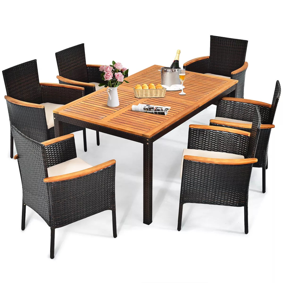 Costway 7PCS Patio Rattan Dining Set Armrest Cushioned Chair Wooden Tabletop