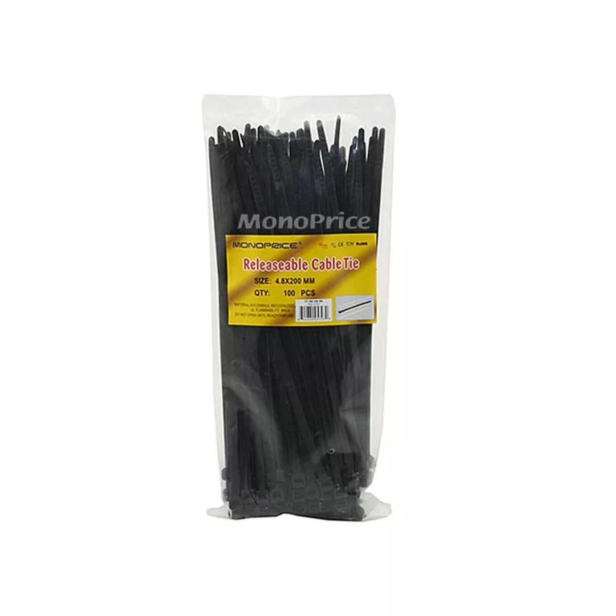 Monoprice 8-inch Releasable Cable Tie, 100pcs/Pack, 50 lbs Max Weight - Black