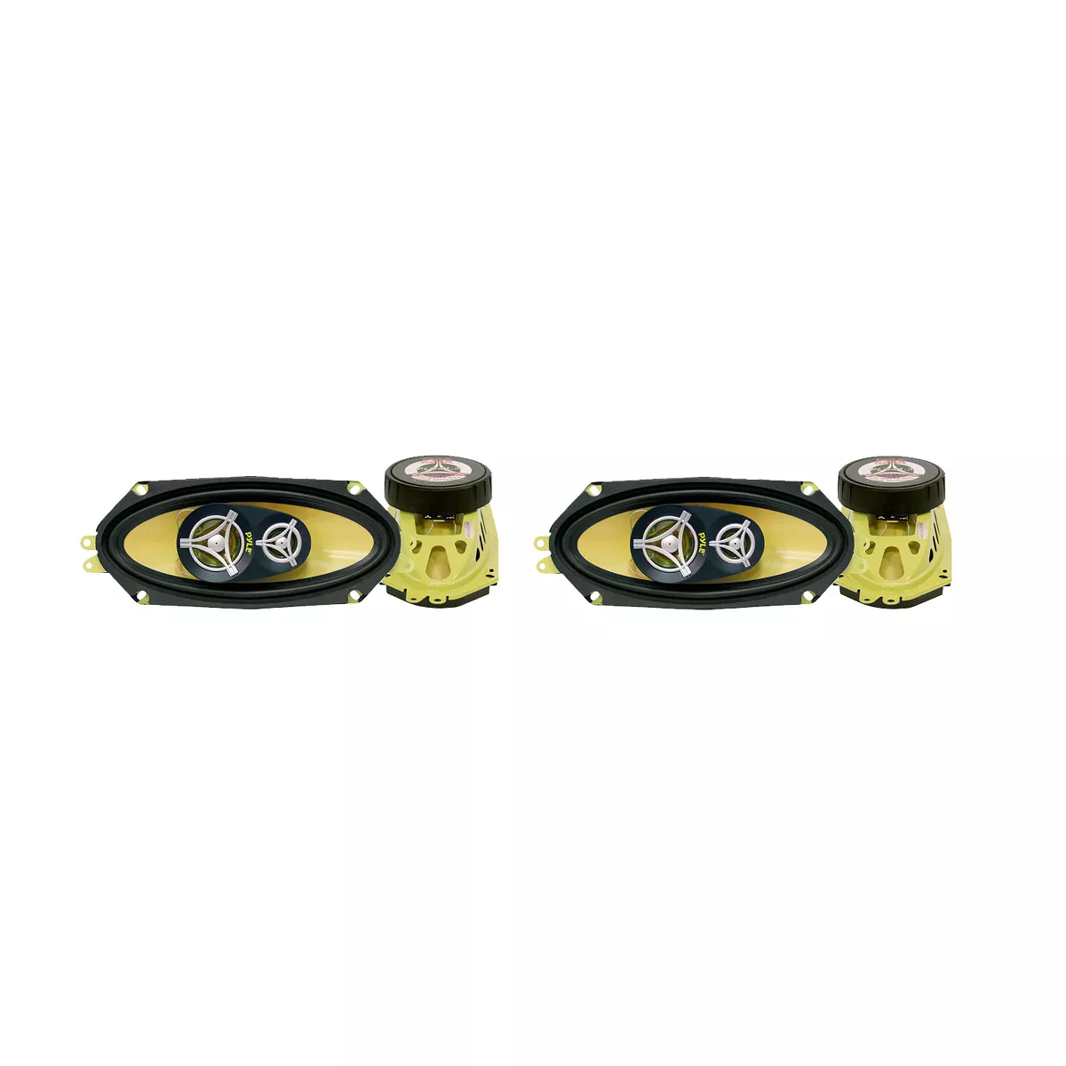 Pyle PLG41.3 4 x 10 Inch 3 Way 300 Watt Car Vehicle Audio Stereo Coaxial Speakers Sound System Kit, Pair, Yellow (2 Pack)