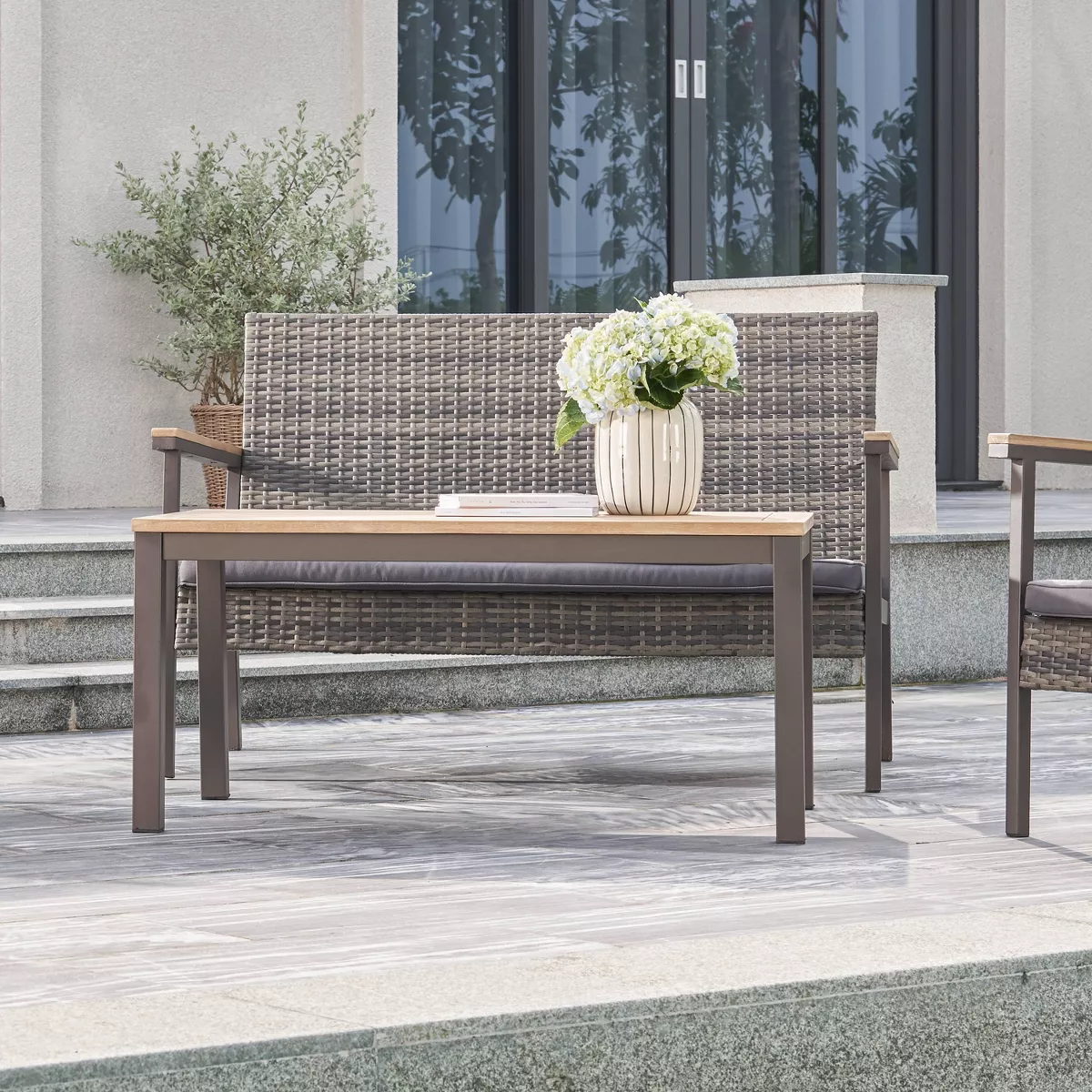 Evelyn 4pc Outdoor Resin Wicker Mixed Acacia Wood Lounge Sofa Set with Cushion - Gray - Vifah