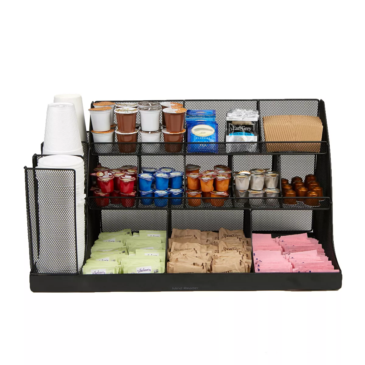 Mind Reader 14 Compartment 3 Tier Large Breakroom Condiment Organizer, Black Metal Mesh