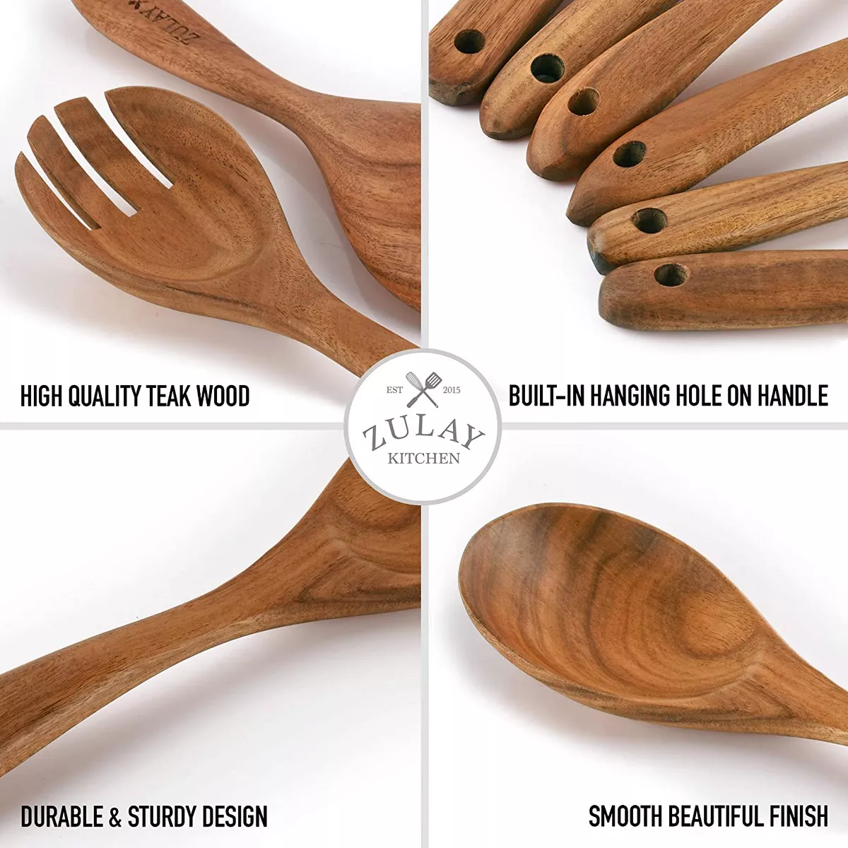 Zulay Kitchen (6 Pc Set) Teak Wooden Cooking Spoon Sets in Smooth Finish