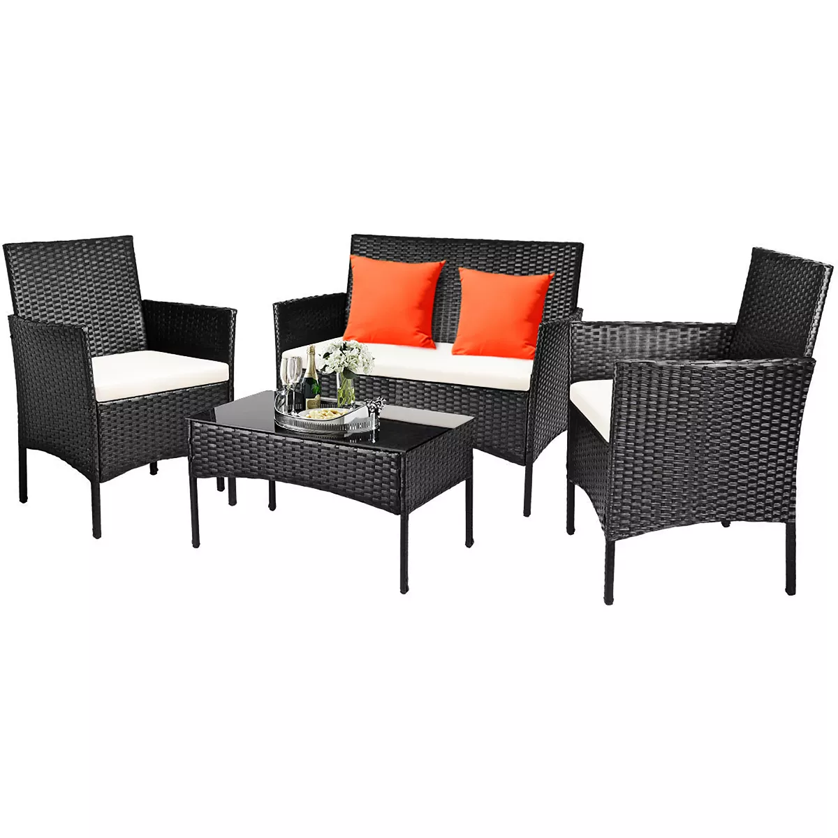 Costway 4PCS Patio Rattan Furniture Set Cushioned Sofa Coffee Table Backyard Porch